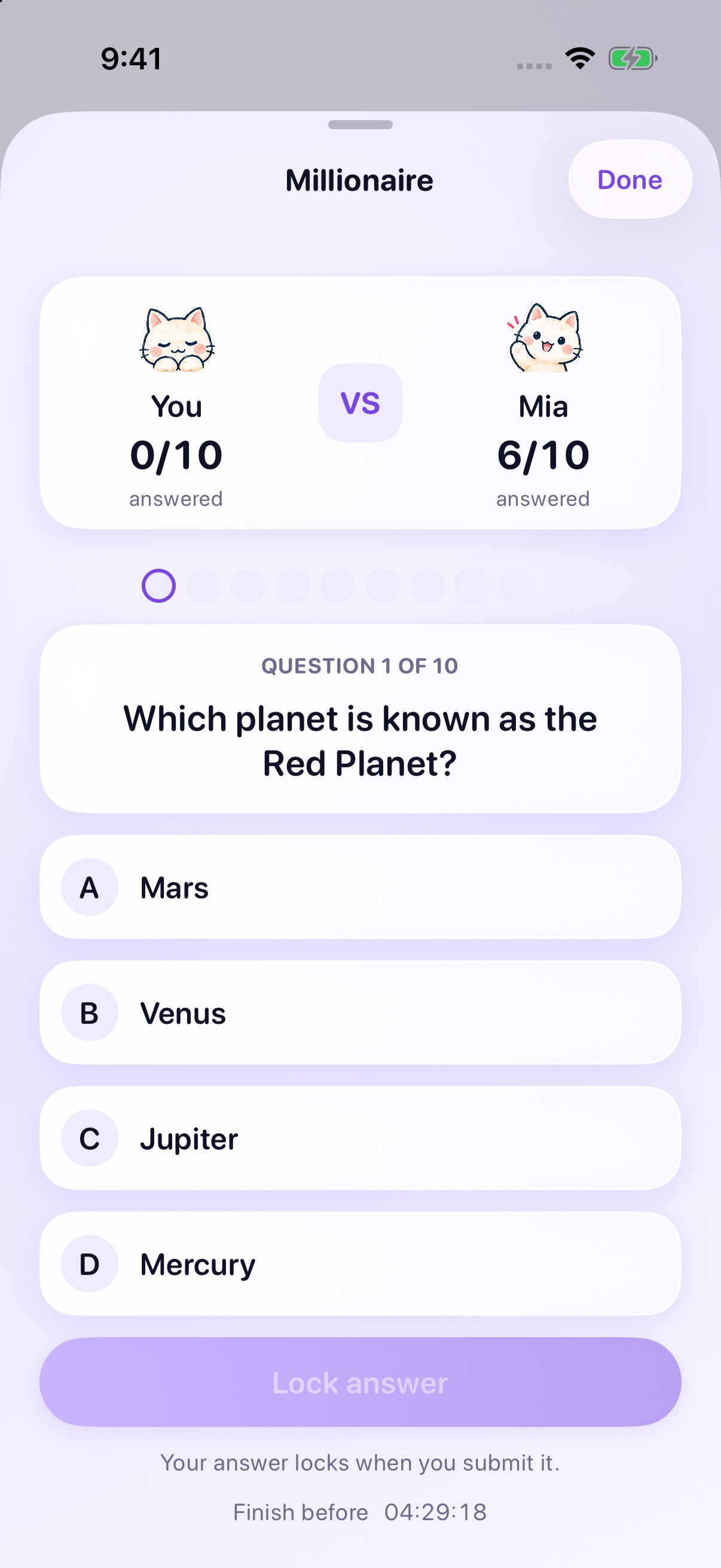 A four-answer question in the TwoHugs Millionaire game